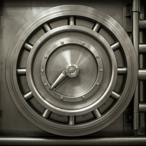 Close-up of a massive steel vault lock mechanism